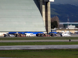 The FEMA campers stand ready in front of Hangar 2