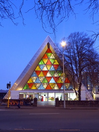 The Transitional Cathedral is also known as the Cardboard Cathedral as it is made with cardboard tubes as well as shipping containers