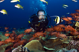 Ron hangs with the squirrel fish and Moorish idol (Photo by John Schwind)
