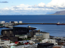 A view of the concert hall and harbor to the north from the Hallgrímskirkja observation deck