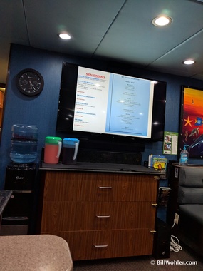Note the menu and itinerary on the TV in the salon, where we watched The Martian (and other movies)