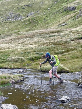 I ford the stream below the Grisedale Tarn (photo by Tony Dewes)