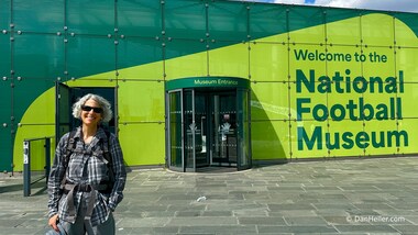 Lori poses in front of the National Football Museum (photo by Dan Heller)