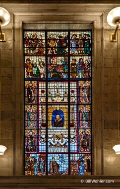 A stained glass window at the front of the Manchester Central Library commemorating Shakespeare