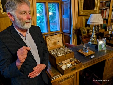 Peter describes one of the many treasures of the library including this apothecary box of tinctures and potions