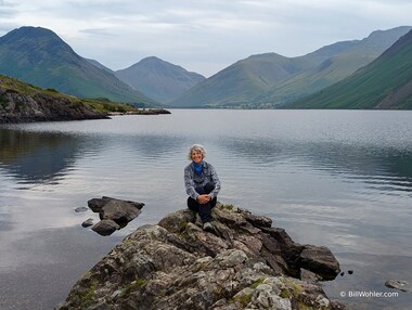 Lori in front of Wastwater in front of the iconic Great Gable  and the target of our day's hike