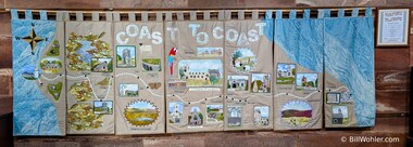 A quilt in the Kirkby Stephen Parish Church with a map of the Coast to Coast walk, with churches, of course!