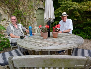 Peter and John relax in the formal garden