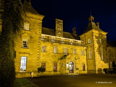 The front of the Crathorne Hall Hotel at night