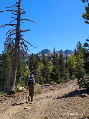 Lori on the trail with a few nearby peaks in the background