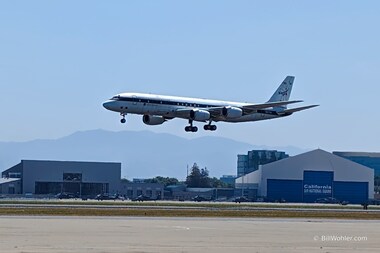 The NASA DC-8 makes a couple of low passes over Moffett Field on its way from Building 703 in Palmdale, CA, to its final resting place at the Idaho State University in Pocatello, Idaho, where it will be used to train future aircraft technicians by providing real-world experience in the college’s Aircraft Maintenance Technology Program.