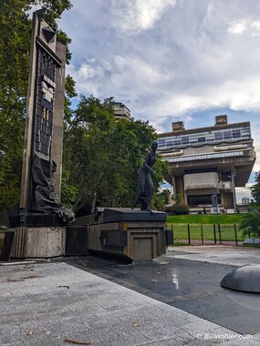 A statue of Eva Perón (https://en.wikipedia.org/wiki/Eva_Per%C3%B3n) in front of the Biblioteca Nacional Mariano Moreno (https://en.wikipedia.org/wiki/National_Library_of_Argentina)