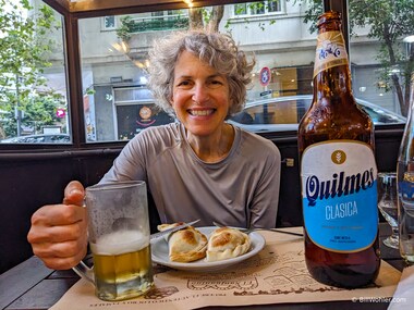 Lori and I enjoy some great empanadas and beer at El Sanjuanino