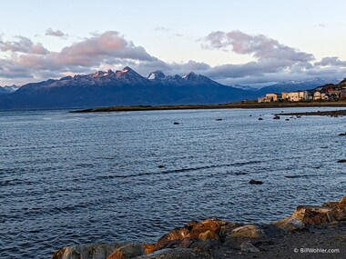 Sunrise on the mountains across the Beagle Channel in Chile