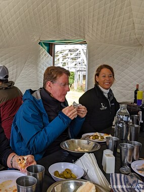 Mark enjoys lunch--I think--in the yurt while Diane clearly enjoys the conversation