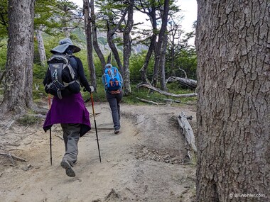 Lori and Romina start their charge up the last steep, rocky trail to Laguna de los Tres