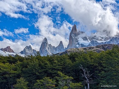 The Fitz Roy is completely occluded by clouds, but its adjoining sawtooth ridge is still impressive