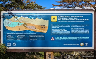 This sign explains Glacial Lake Outburst Floods (GLOFs) associated with a lake held back by unstable moraine