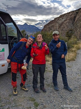 Our guides Ismael, Romina, and José enjoy some sweets before our hike
