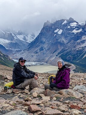 Lori and I enjoy lunch with a view of the Laguna Torre below where we had lunch the day before (photo by Romina)