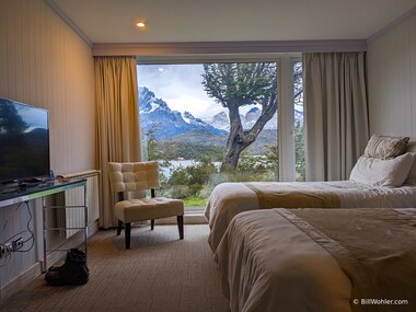 Our room in the Hotel Lago Gray (https://www.lagogrey.com/en/home/) where we could see icebergs from our bedroom window