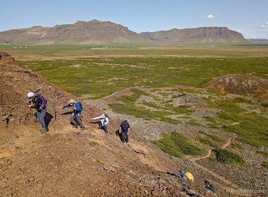 Kathy, David, and Jason climb while J&oacute;n encourages the others