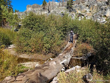 Lori makes one of our three log crossings