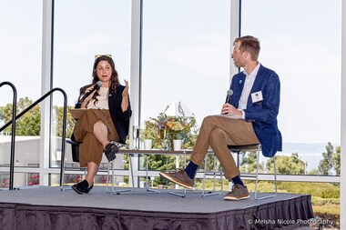 Bryanna Whitney, Public Access Project Manager, and Gordon Clark, President, speak at A Toast With POST at the College of San Mateo