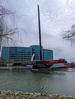 The Oracle Team USA Trimaran, lifted by helicopter into Lake Oracle, is now a historical landmark