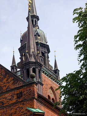 A very cool copper roof adorns a church along the Str&oslash;get