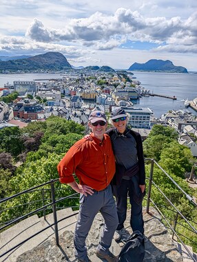 Lori and I and &Aring;lesund from the Aksla Steps (photo by Ron Kozlowski)