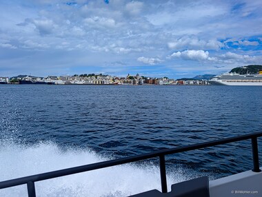 Goodbye &Aring;lesund, and the first of many cruise ships we will encounter on our trip