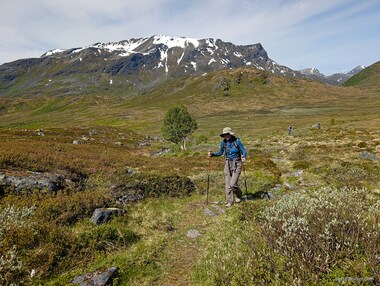 Lori hikes up the gentle (and boggy) valley along with Jobie, Dan, and Larry.