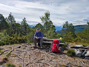 Lori sits at the diminutive, roughly-hewn picnic bench where we had eaten lunch. Note the network of roots.